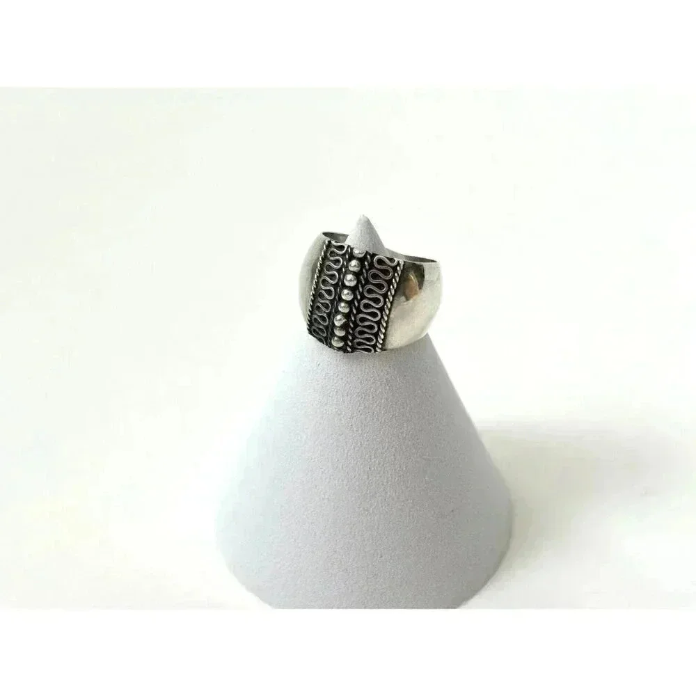 Sterling Silver Vintage Domed Statement Bead Band - Size 7.25